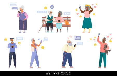 Old people with mobile phones set vector illustration. Cartoon isolated male and female elderly characters use smartphones to call or chat in social media, senior couple comment and rate services Stock Vector