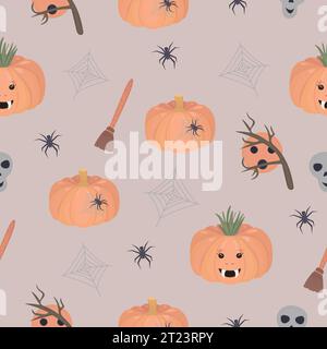 Spooky Halloween seamless pattern with pumpkins and spiders, vector background Stock Vector