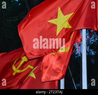 Close and colorful patriotic shot of national flag of Vietnam flying alongside red and yellow hammer and sickle in communist North in captial Hanoi Stock Photo