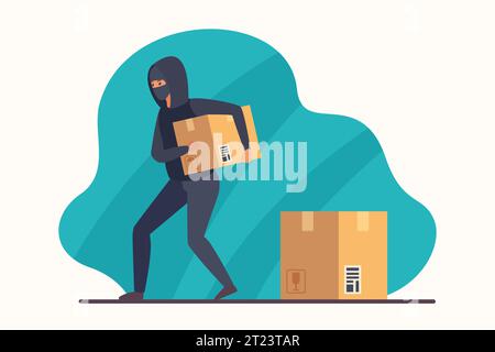 Postal parcel theft vector illustration. Cartoon thief sneaking away cardboard box, male burglar in disguise mask and hoodie taking away stolen paper package from mail warehouse or store to steal Stock Vector