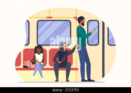 Theft of money in public transport vector illustration. Cartoon thief sitting on seat with passengers in interior of subway train or bus, pickpocket character stealing wallet from male victims pocket Stock Vector