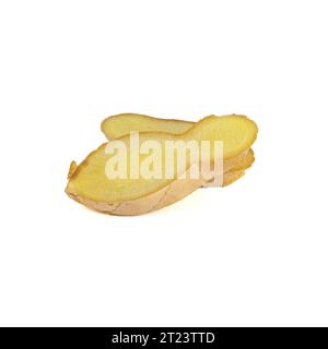 Fresh ginger rhizome with sliced isolated on white background.  Stock Photo