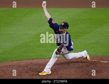Houston, United States. 16th Oct, 2023. Houston Astros relief pitcher Ryan Pressly throws in the ninth inning against the Texas Rangers in game two of the ALCS at Minute Maid Park in Houston on Monday, October 16, 2023. Photo by Kevin M. Cox/UPI. Credit: UPI/Alamy Live News Stock Photo