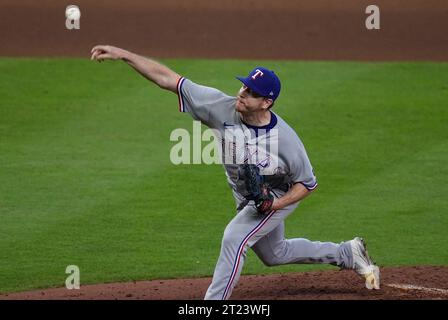 Houston, United States. 16th Oct, 2023. Texas Rangers relief pitcher Josh Sborz throws in the seventh inning against the Houston Astros in game two of the ALCS at Minute Maid Park in Houston on Monday, October 16, 2023. Photo by Kevin M. Cox/UPI. Credit: UPI/Alamy Live News Stock Photo