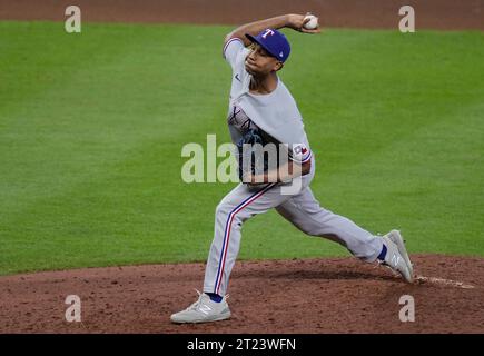Houston, United States. 16th Oct, 2023. Texas Rangers relief pitcher Jose Leclerc throws in the eighth inning against the Houston Astros in game two of the ALCS at Minute Maid Park in Houston on Monday, October 16, 2023. Photo by Kevin M. Cox/UPI. Credit: UPI/Alamy Live News Stock Photo