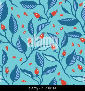 Seamless pattern with dynamic stylizes branches with red berries. Original trendy background for design Stock Vector