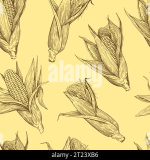 Seamless pattern with corn cobs. Drawing in old retro engraving style. Hand drawn detailed botanical illustration Stock Vector