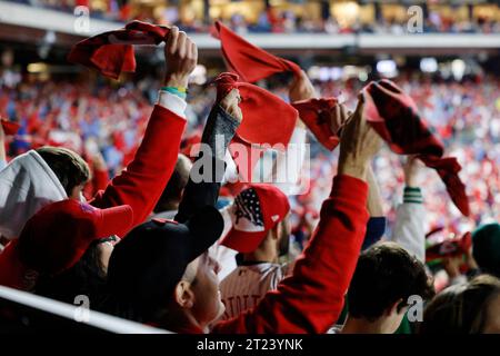 Philadelphia, United States. 16th Oct, 2023. Philadelphia Phillies fans cheer before the start of game one of the NLCS against the Arizona Diamondbacks at Citizens Bank Park in Philadelphia, on Monday, October 16, 2023. Photo by Laurence Kesterson/UPI. Credit: UPI/Alamy Live News Stock Photo