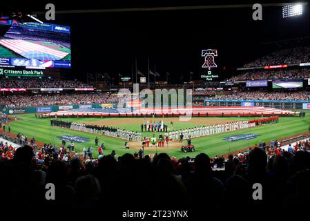 Philadelphia, United States. 16th Oct, 2023. The Philadelphia Phillies and Arizona Diamondbacks sing the National Anthem before the start of game one of the NLCS at Citizens Bank Park in Philadelphia, on Monday, October 16, 2023. Photo by Laurence Kesterson/UPI. Credit: UPI/Alamy Live News Stock Photo