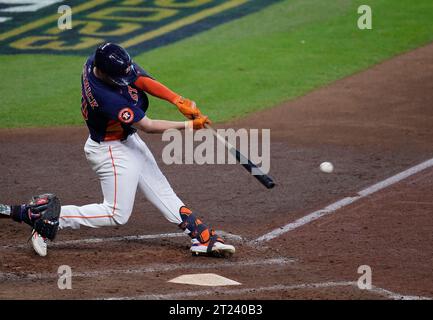 Houston, United States. 16th Oct, 2023. Houston Astros Chas McCormick hits a single in the fifth inning against the Texas Rangers in game two of the ALCS at Minute Maid Park in Houston on Monday, October 16, 2023. Photo by Kevin M. Cox/UPI. Credit: UPI/Alamy Live News Stock Photo