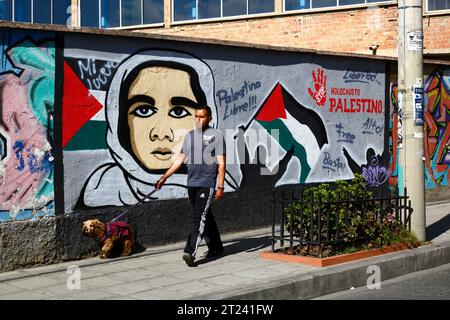 A man walks his pet dog past a mural showing support for a free Palestine and demanding an end to the Palestine holocaust in the Miraflores district, La Paz, Bolivia. Photo was taken in September 2018. Stock Photo
