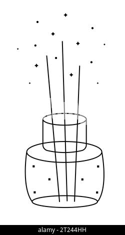 Black line incense sticks, pictogram of a glass perfume jar, magical fragrance, vector doodle of aroma for a spa salon, illustration in minimal style Stock Vector