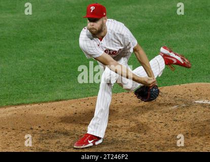 Philadelphia, United States. 16th Oct, 2023. Philadelphia Phillies starting pitcher Zack Wheeler throws in the first inning against the Arizona Diamondbacks in game one of the NLCS at Citizens Bank Park in Philadelphia, on Monday, October 16, 2023. Photo by Laurence Kesterson/UPI. Credit: UPI/Alamy Live News Stock Photo