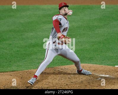 Philadelphia, United States. 16th Oct, 2023. Arizona Diamondbacks relief pitcher Kyle Nelson throws in the seventh inning against the Philadelphia Phillies in game one of the NLCS at Citizens Bank Park in Philadelphia, on Monday, October 16, 2023. Photo by Laurence Kesterson/UPI. Credit: UPI/Alamy Live News Stock Photo