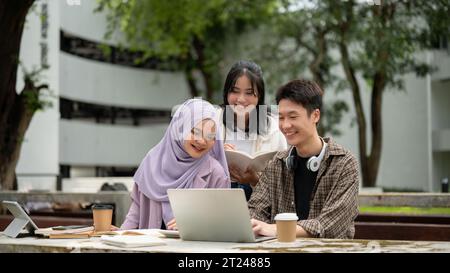 A group of diverse young college students is discussing project details, using a laptop, and working on a group project at a table in a campus park to Stock Photo