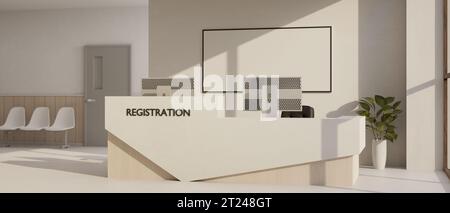 A modern white registration or lobby area interior design with a modern white counter and waiting seat in front of the office room. Hospital lobby, Of Stock Photo