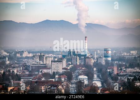 Ljubljana: pollution in the city, with coal industries and chimney. Slovenia Stock Photo