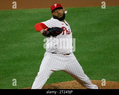 Philadelphia, United States. 16th Oct, 2023. Philadelphia Phillies relief pitcher Jose Alvarado throws in the seventh inning against the Arizona Diamondbacks in game one of the NLCS at Citizens Bank Park in Philadelphia, on Monday, October 16, 2023. Photo by Laurence Kesterson/UPI Credit: UPI/Alamy Live News Stock Photo
