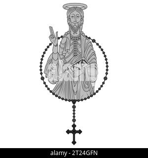 Vector design of the Apostle with catholic rosary, Christian art from the middle ages Stock Vector