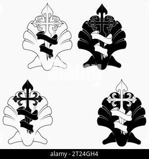 Vector design of christian symbology of the apostle santiago, Cross of the apostle Santiago with veneer and ribbon Stock Vector