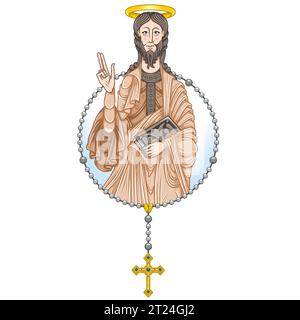 Vector design of the Apostle with catholic rosary, Christian art from the middle ages Stock Vector