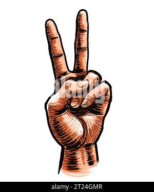 Hand showing Victory sign. Hand-drawn ink on paper and hand-colored on tablet Stock Photo