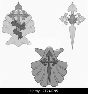 Vector design of christian symbology of the apostle santiago, santiago cross with scallop, sword and ribbon Stock Vector