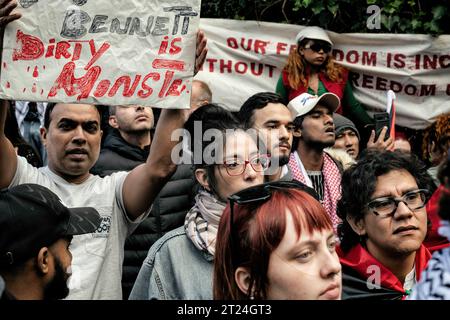 Dublin, Ireland. 14th Oct, 2023. Members of the Palestinian and Arabic community of Ireland as well as supporters and activists assemble with placards and a banner in front of the Israeli embassy during the demonstration. Saturday, October 14th saw a third day of protests in Dublin in solidarity with the people of Palestine. Thousands of people marched from O'Connell Street through the city to the Israeli embassy where speakers from the Palestinian and Syrian community spoke about their experiences and recent news received from family members and friends in Gaza as well as members of group Stock Photo