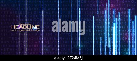 Futuristic technology neon abstract background with binary code numbers, letters and glowing laser lines. Dark blue and ultraviolet backdrop. Concept Stock Vector