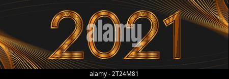 2021 New Year golden abstract wavy banner design. Luxury art deco Christmas holidays background Stock Vector