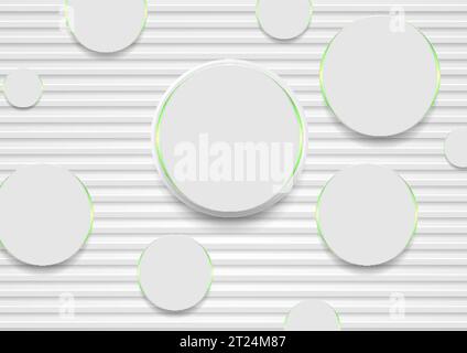 Grey paper stripes and circles with green glowing lights abstract tech background. Geometric vector design Stock Vector