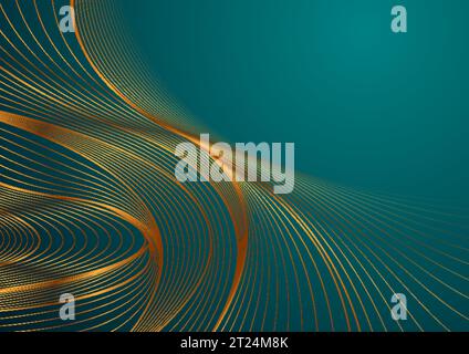 Turquoise abstract background with golden wavy pattern. Art deco ornament vector illustration Stock Vector