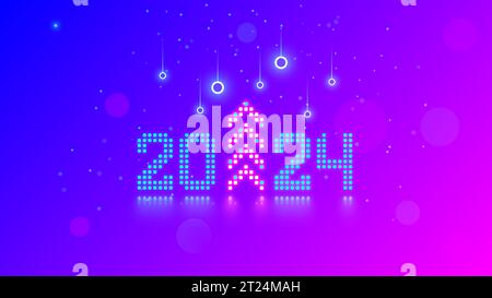 New Year digits 2024 and Christmas tree in tech style. 20 24 consist of neon dots or pixels on blue pink background. 2024 New Year card digital techno Stock Vector