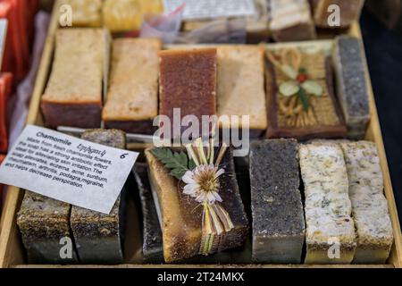 Selection of colorful natural scented soap at an Armenian culture festival, artisanal gift idea, San Francisco, California Stock Photo