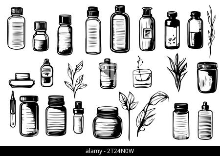 Glass jars with dropper for cosmetics, pharmacy bottles, oils, serums, hand drawn. Stock Vector