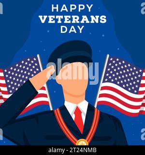 flat happy veterans day illustration with soldier saluting Stock Vector