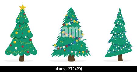 Set of vector illustrations of Christmas trees. Three images of fir trees in different styles Stock Vector