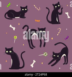 Set of vector illustrations for the holiday of Halloween and others. Isolated objects of black cats in different poses on a purple background. Stock Vector