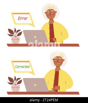 Cute black-skinned grandmother successfully corrects a mistake in working at a computer. Seniors work with modern technologies. Online education, remo Stock Vector