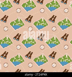 Seamless vector pattern. Mountain hiking equipment. Compass, binocular and map. For design and prints, stickers, sport and touristic business. Stock Vector