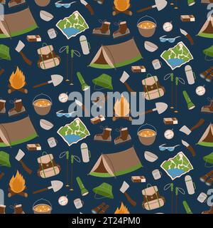 Hand drawn outdoors seamless pattern. Picnic, travel and camping theme. Mountain hiking equipment. For design and prints, stickers, sport and Stock Vector