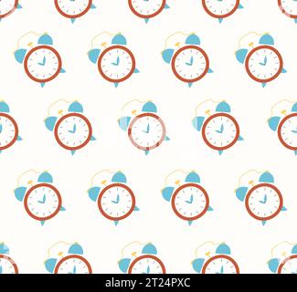 Seamless vector pattern with clock. Colorful alarm flat illustration. Symbol watch on white background. For web design and print Stock Vector