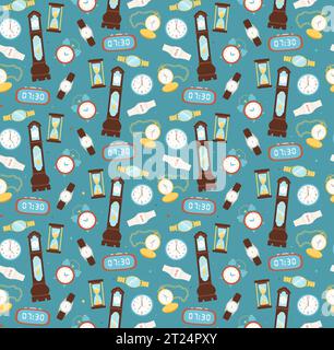 Vintage clocks and watches seamless pattern. Vector illustration of hourglass, antique granfather clock, pocket watch on a chain, alarm and wrist watc Stock Vector
