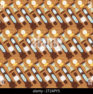 Vintage clocks and watches seamless pattern. Vector illustration of hourglass, antique granfather clock and pocket watch on a chain. Pattern for web d Stock Vector