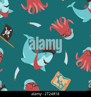 Cute shark and octopus pirate vector seamless pattern. Underwater animals dressed as pirates. Pirate items: treasure map, flag with skull and crossbon Stock Vector