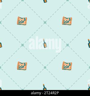 Seamless pattern on a pirate's theme. Vector illustration. Secret message in a bottle and treasure map. Pirate collection. Graphic print for fabrics, Stock Vector