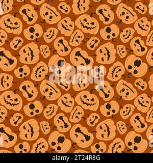 Seamless vector pattern with festive Halloween pumpkins. Jack orange lantern drawn with carved faces. Repeat tile swatch with orange icons on orange b Stock Vector