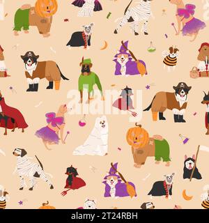 Halloween seamless pattern with dogs in cute halloween costumes. Trick or treat. Happy Halloween vector illustration. Ideal for holiday cards, decorat Stock Vector