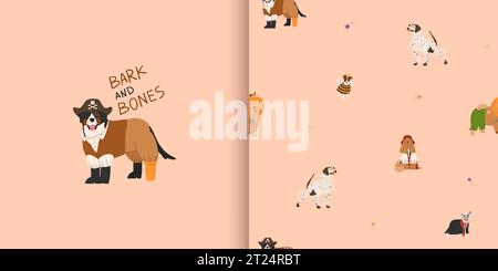 Halloween seamless pattern with dogs in cute halloween costumes. Greeting card with dog in pirate Halloween costume. Bee, mummy and scarecrow. Trick o Stock Vector