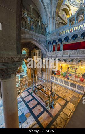 Jerusalem, Israel. September 21, 2023. Stone of the Anointing or Stone of Unction, where Jesus's body was prepared for burial according to the traditi Stock Photo